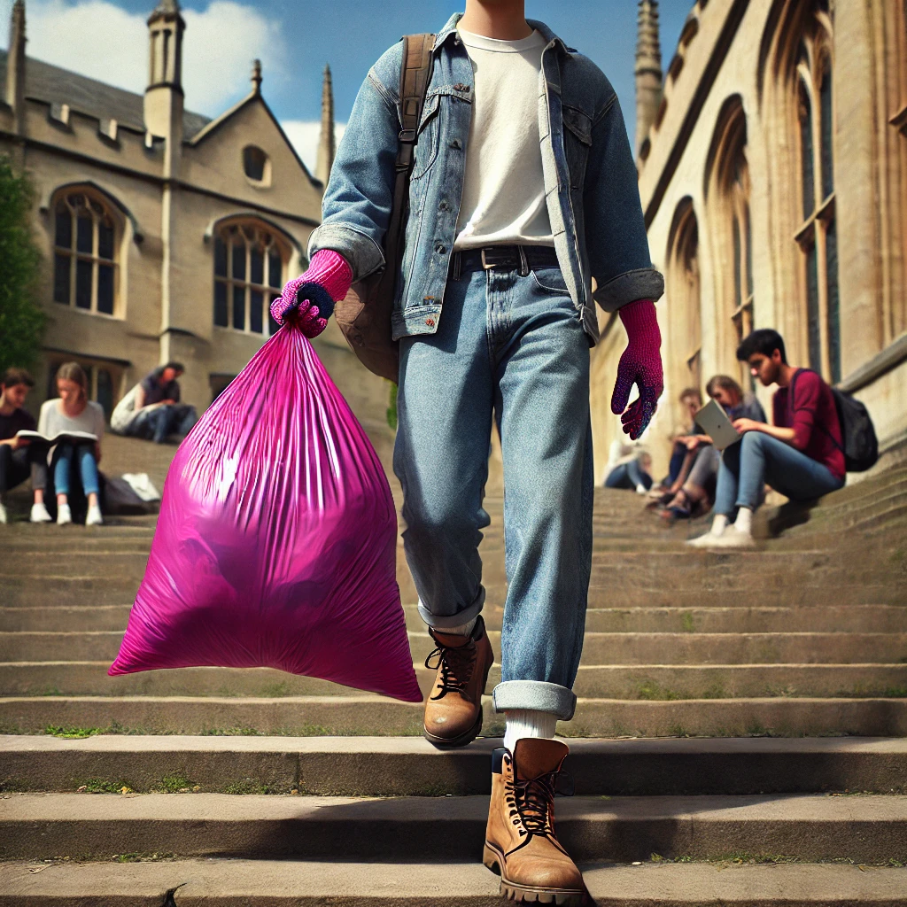 dall·e 2025 07 20 21.59.53 a realistic photo style image of a young adult student walking down wide stone steps on a historic university campus, holding a large magenta plastic